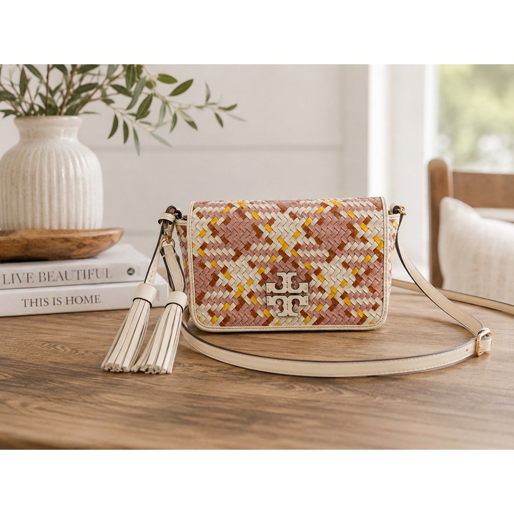 Tory Burch Thea Woven Bag Leather Tassel Crossbody Pink Cream Yellow Geometric